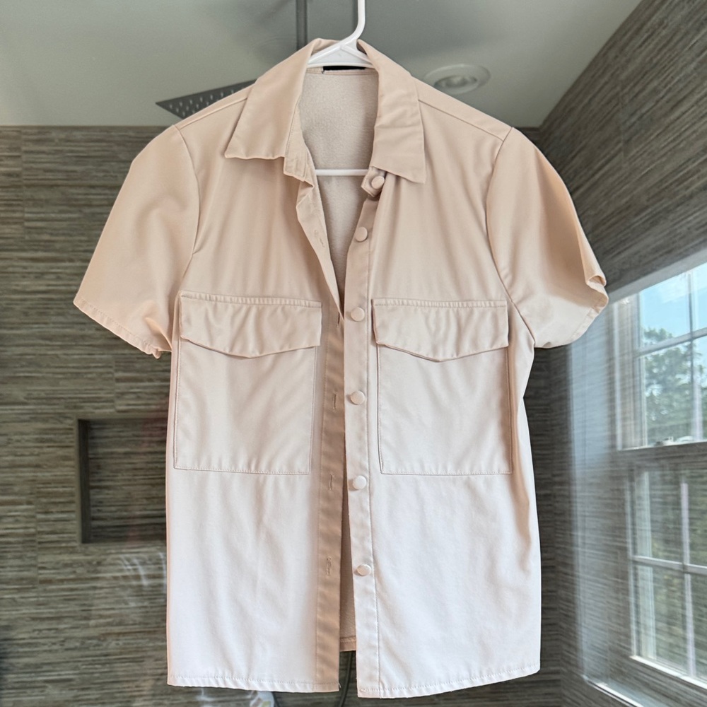 Short Sleeve Beige Button-Up Shirt